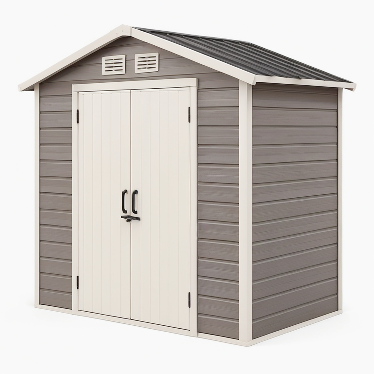 Abri de jardin 185 x 122 x 190 cm en résine gris et beige avec portes doubles ventilé