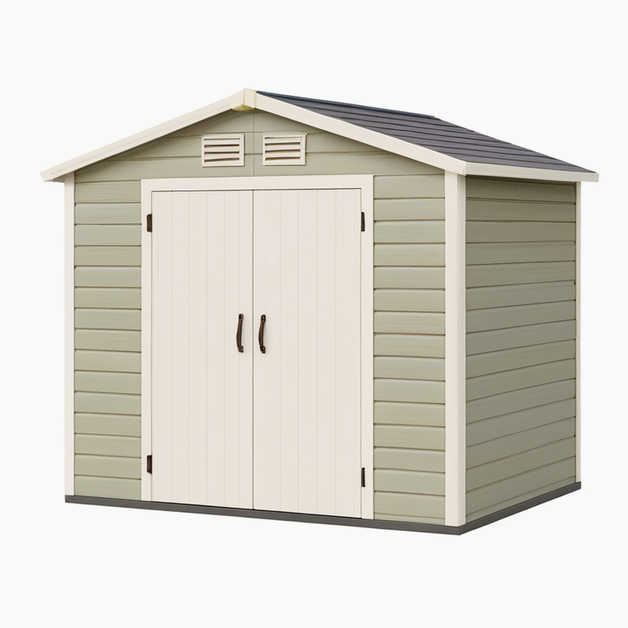 Abri de jardin 183 x 183 x 210 cm en résine vert sauge et crème avec double porte ventilée