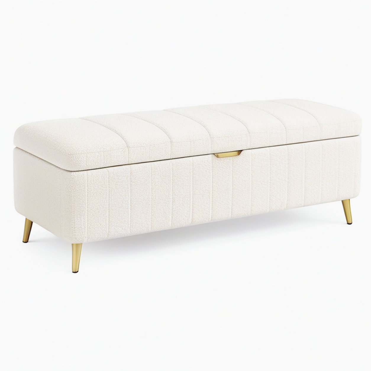 Banc de rangement 120 x 45 x 48 cm en tissu bouclette crème avec assise capitonnée