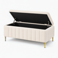 Banc coffre 100 cm en tissu bouclette écru avec pieds dorés style contemporain