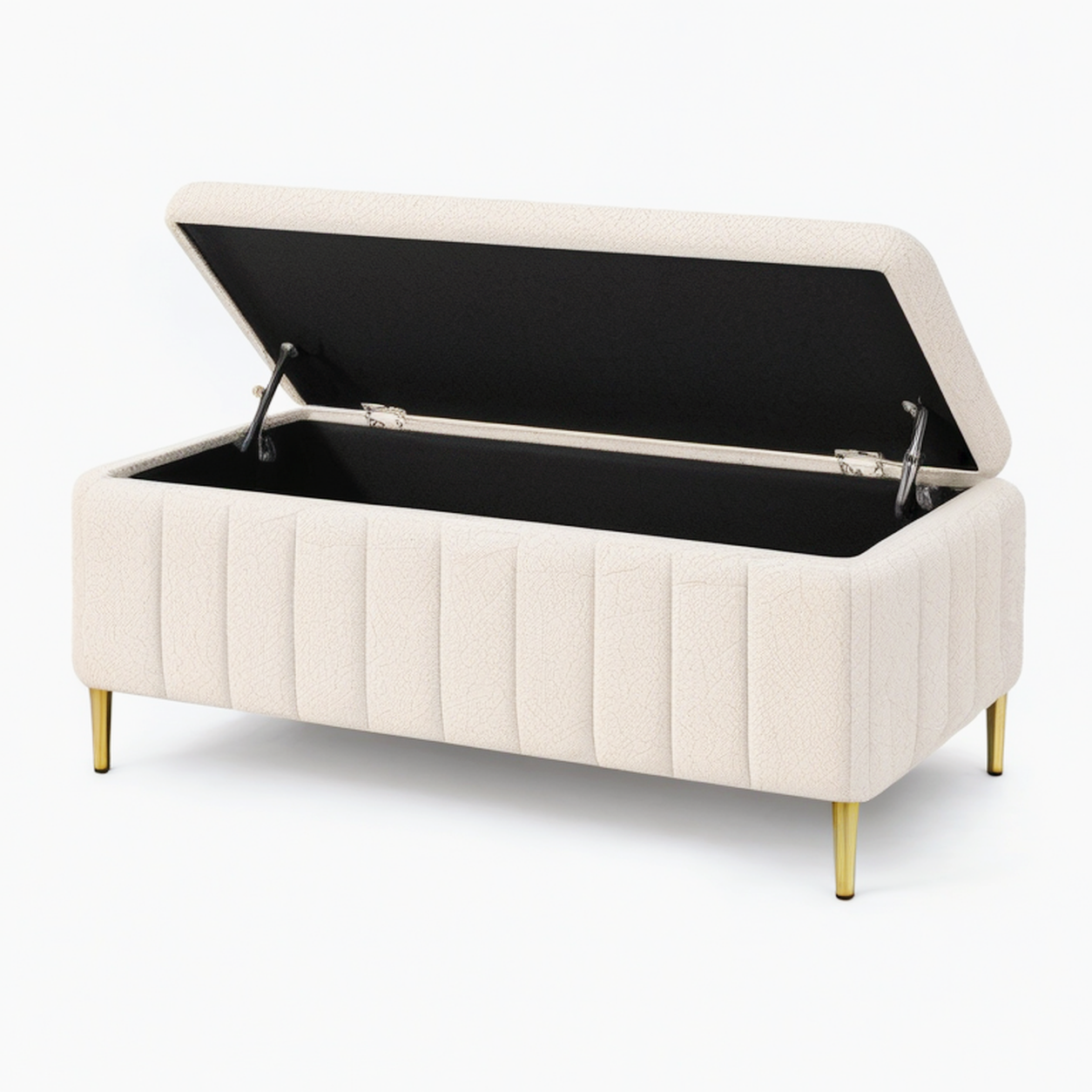 Banc coffre 100 cm en tissu bouclette écru avec pieds dorés style contemporain