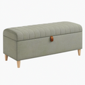 Banc coffre 120 x 45 x 48 cm en tissu vert sauge avec rangement et pieds en bois