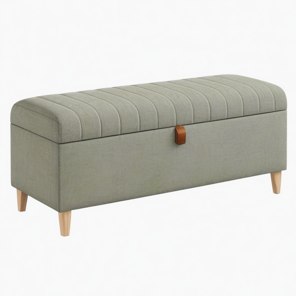 Banc coffre 120 x 45 x 48 cm en tissu vert sauge avec rangement et pieds en bois