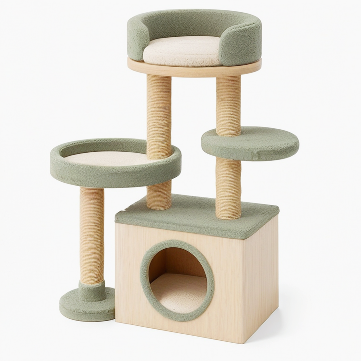 Arbre à chat 60 x 50 x 140 cm en panneaux de bois vert sauge avec poteaux en sisal et niches de repos