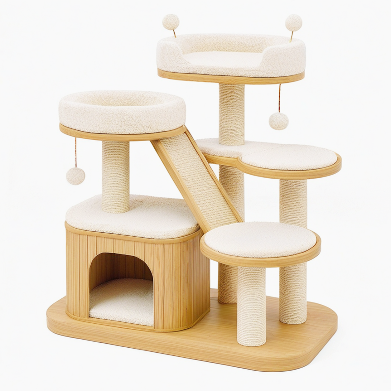 Arbre à chat 70 x 55 x 120 cm en bois beige avec griffoirs et niches