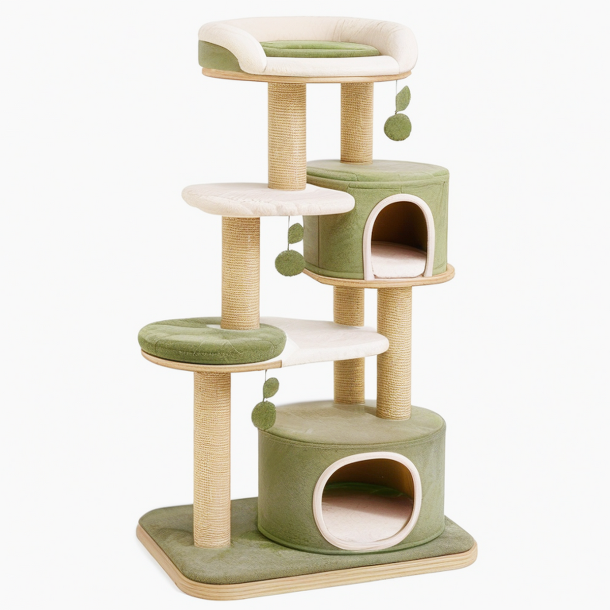 Arbre à chat 60 x 50 x 160 cm en sisal vert et beige avec niches et plateformes de repos