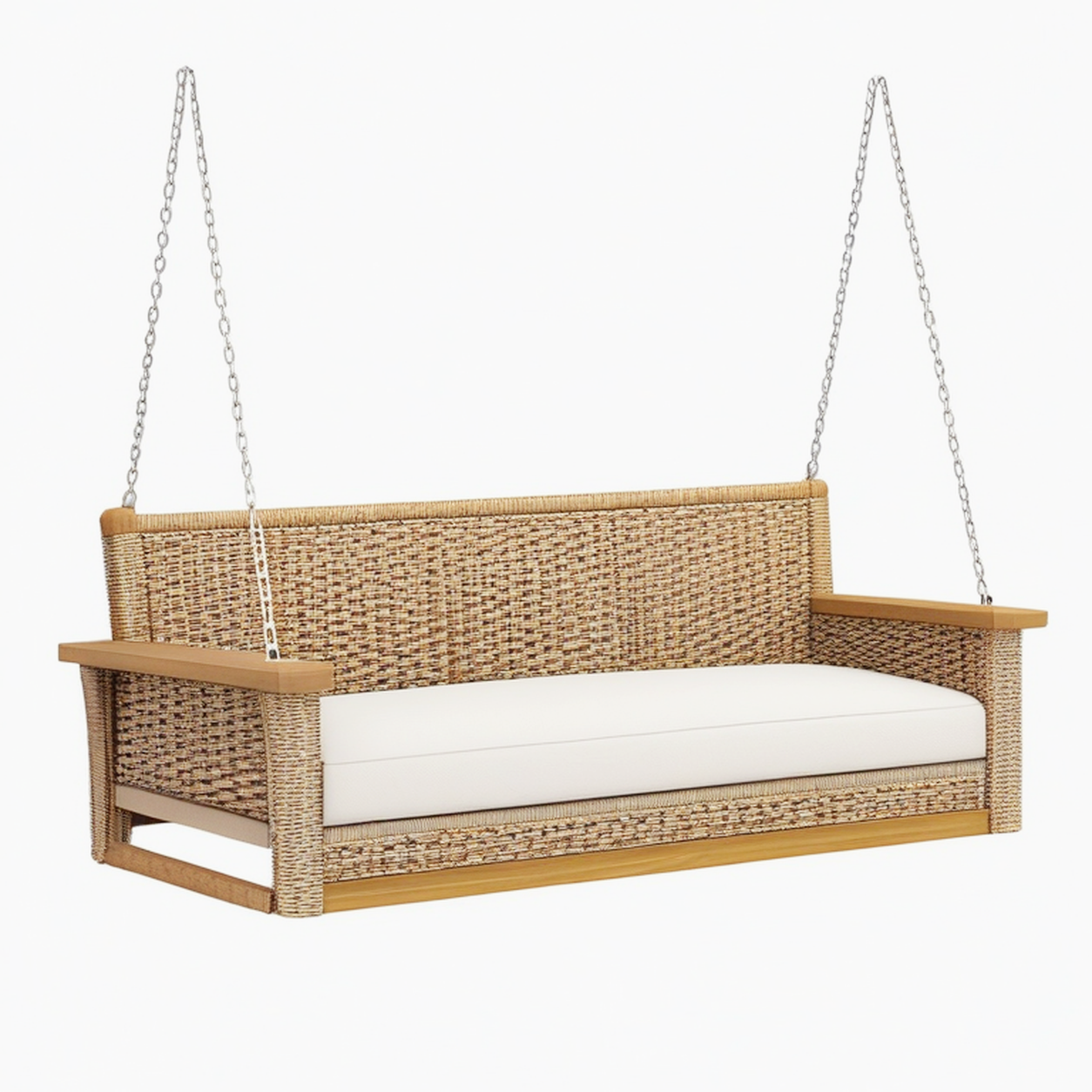 Balancelle de jardin 2 places 140 x 75 x 70 cm en fibres tressées beige avec structure en bois
