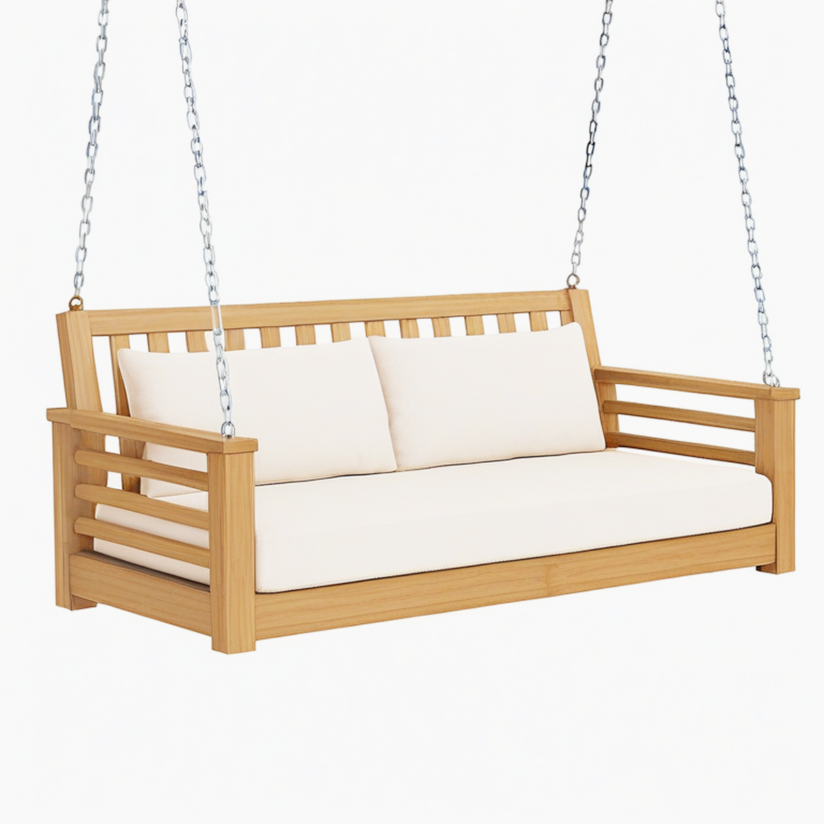 Balancelle canapé 2 places 150 x 75 x 65 cm en bois naturel et tissu crème pour extérieur style contemporain suspendu