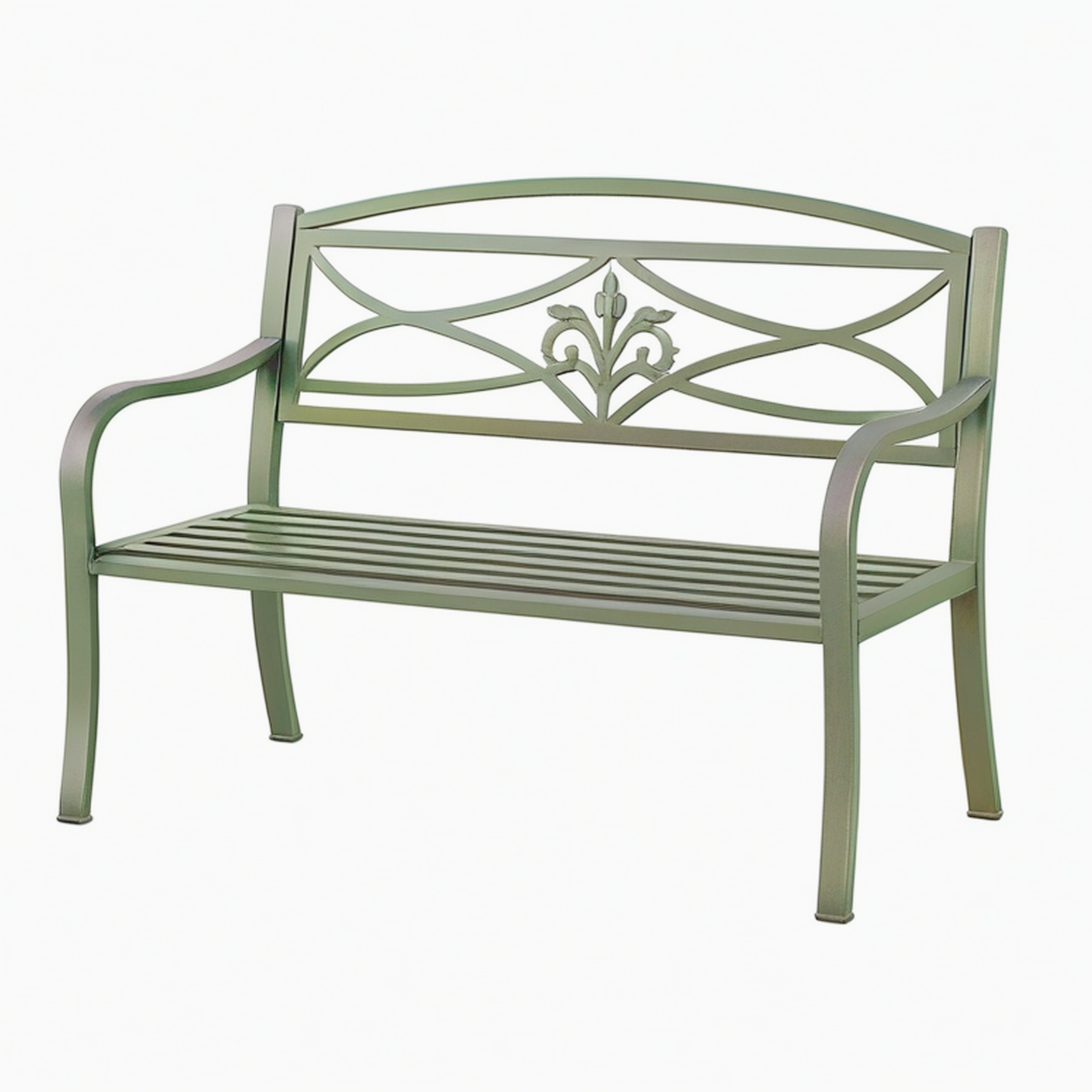 Banc de jardin 122 x 65 x 92 cm en métal vert à accoudoirs style classique