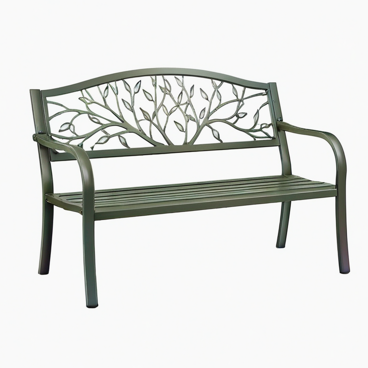 Banc de jardin 122 x 61 x 90 cm en métal vert foncé à accoudoirs style végétal