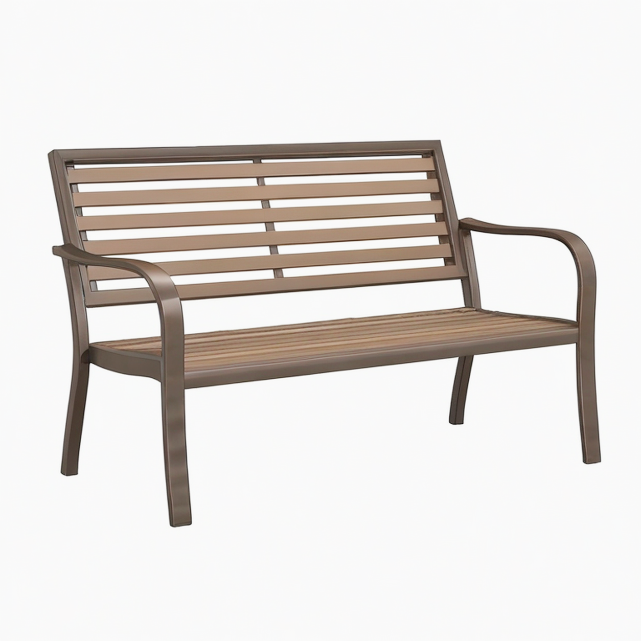 Banc de jardin 120 cm en métal brun à lattes avec accoudoirs