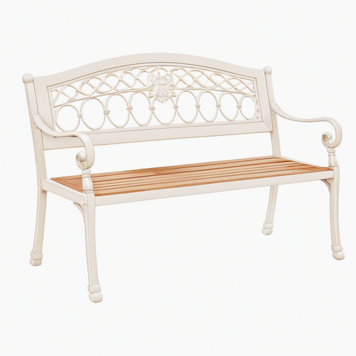 Banc de jardin 150 x 60 x 95 cm en métal blanc et marron style classique avec accoudoirs