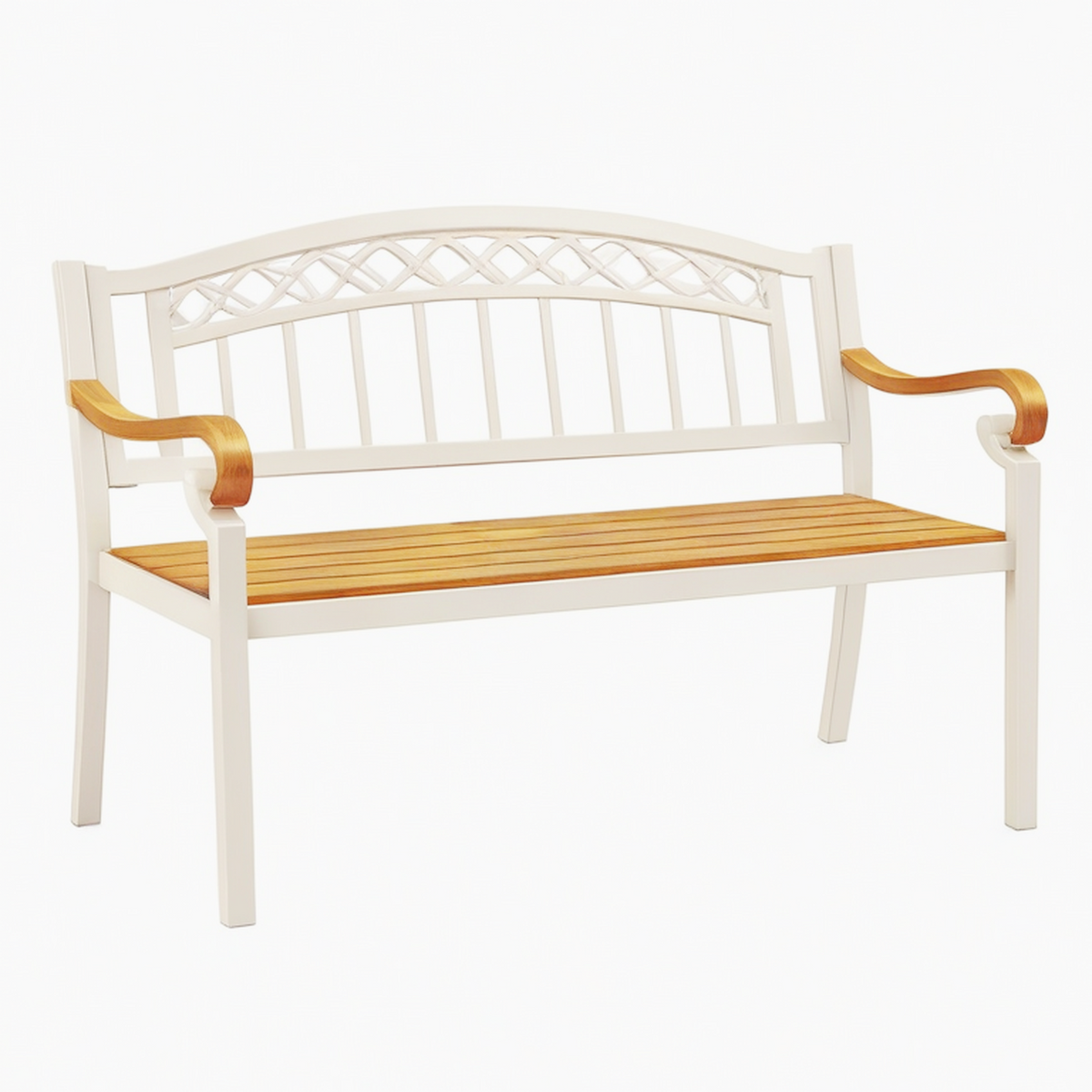 Banc de jardin 120 cm en bois blanc et naturel style classique à dossier ajouré